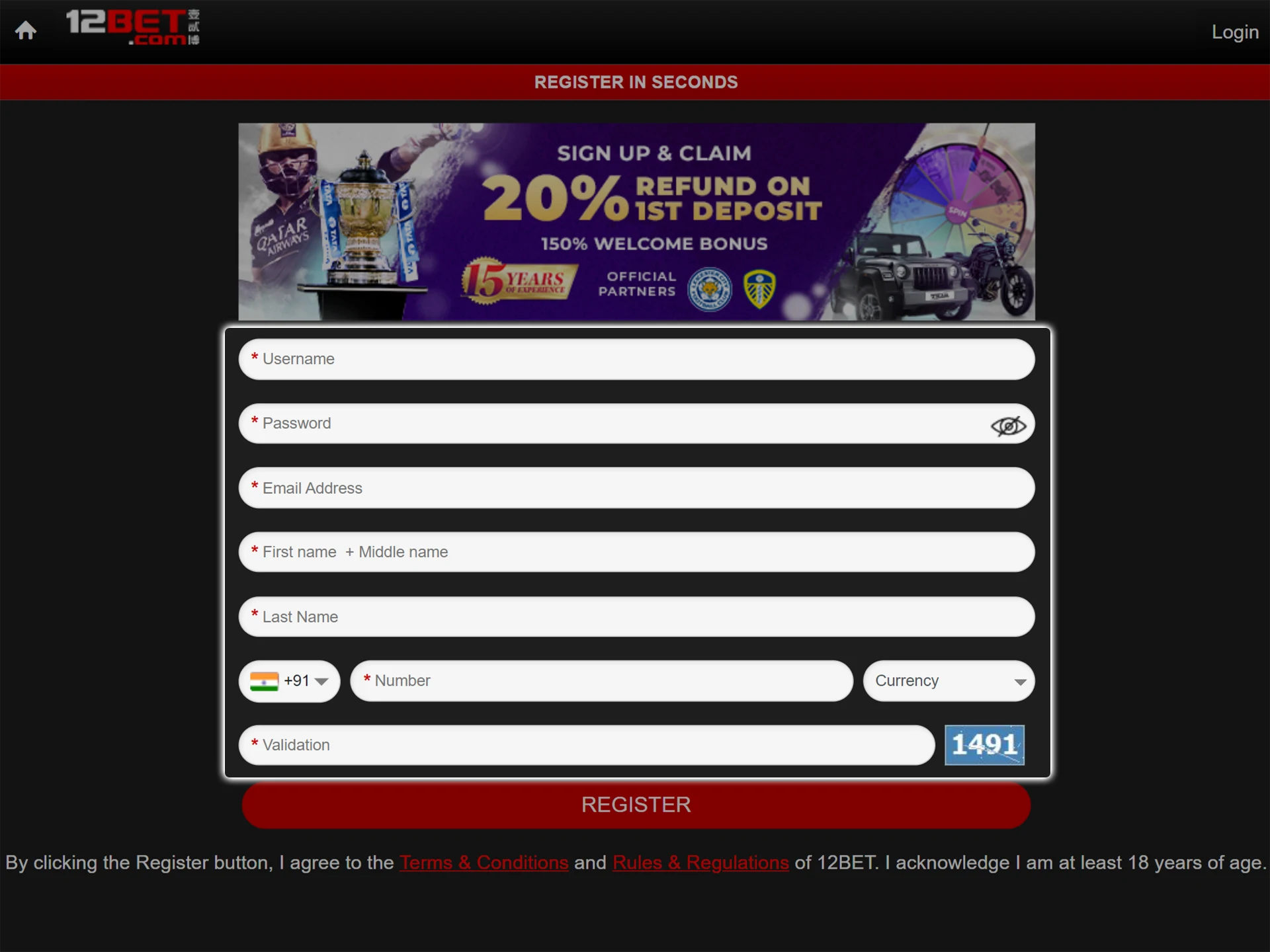 In the form that opens, enter your details required to create a 12bet account.