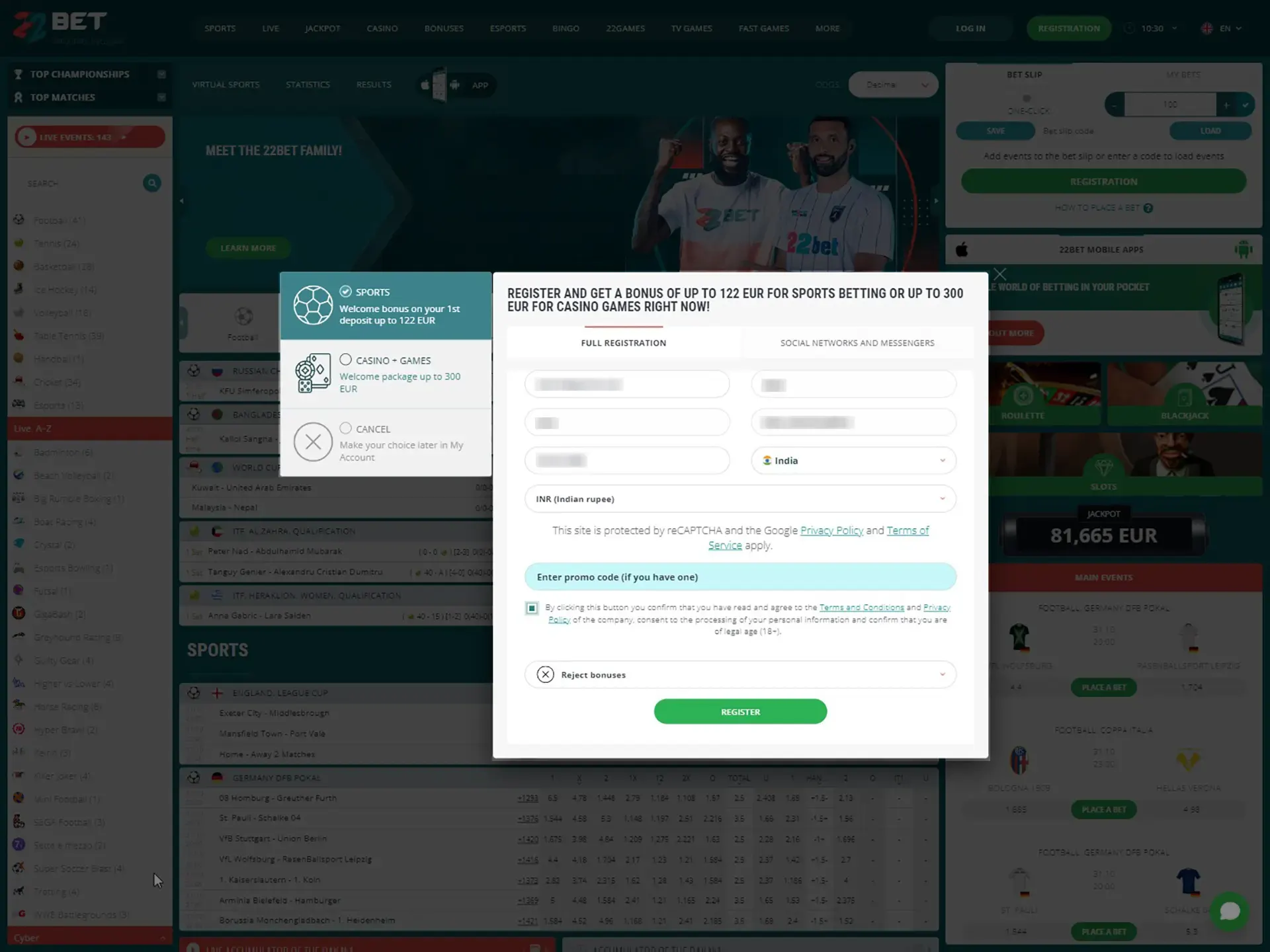 Start your registration on the 22Bet website.