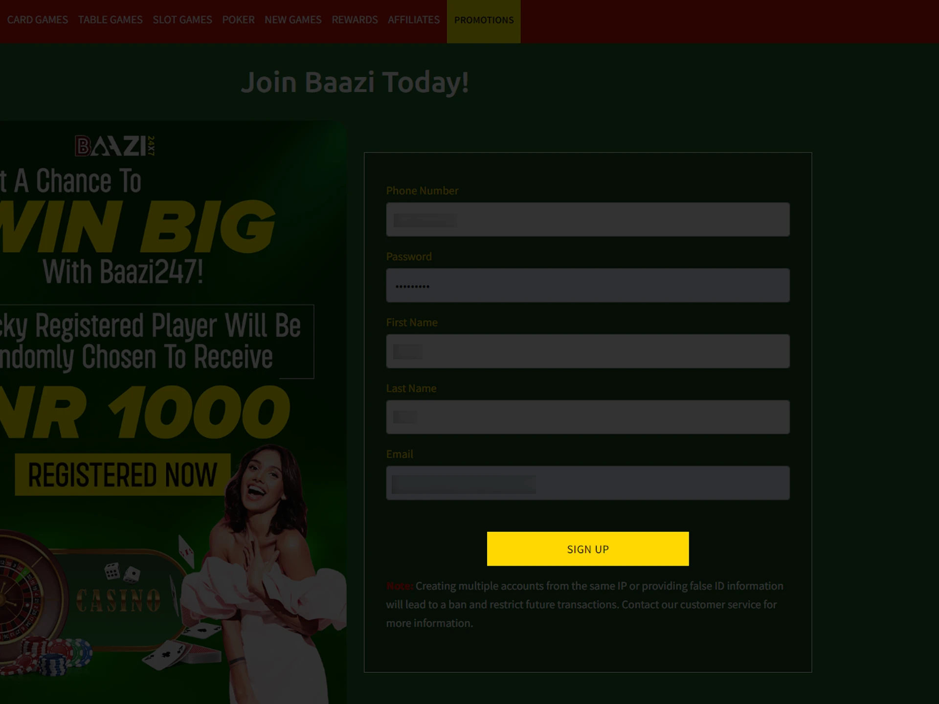 To complete your registration at Baazi247, click on the yellow "Sign Up" button.