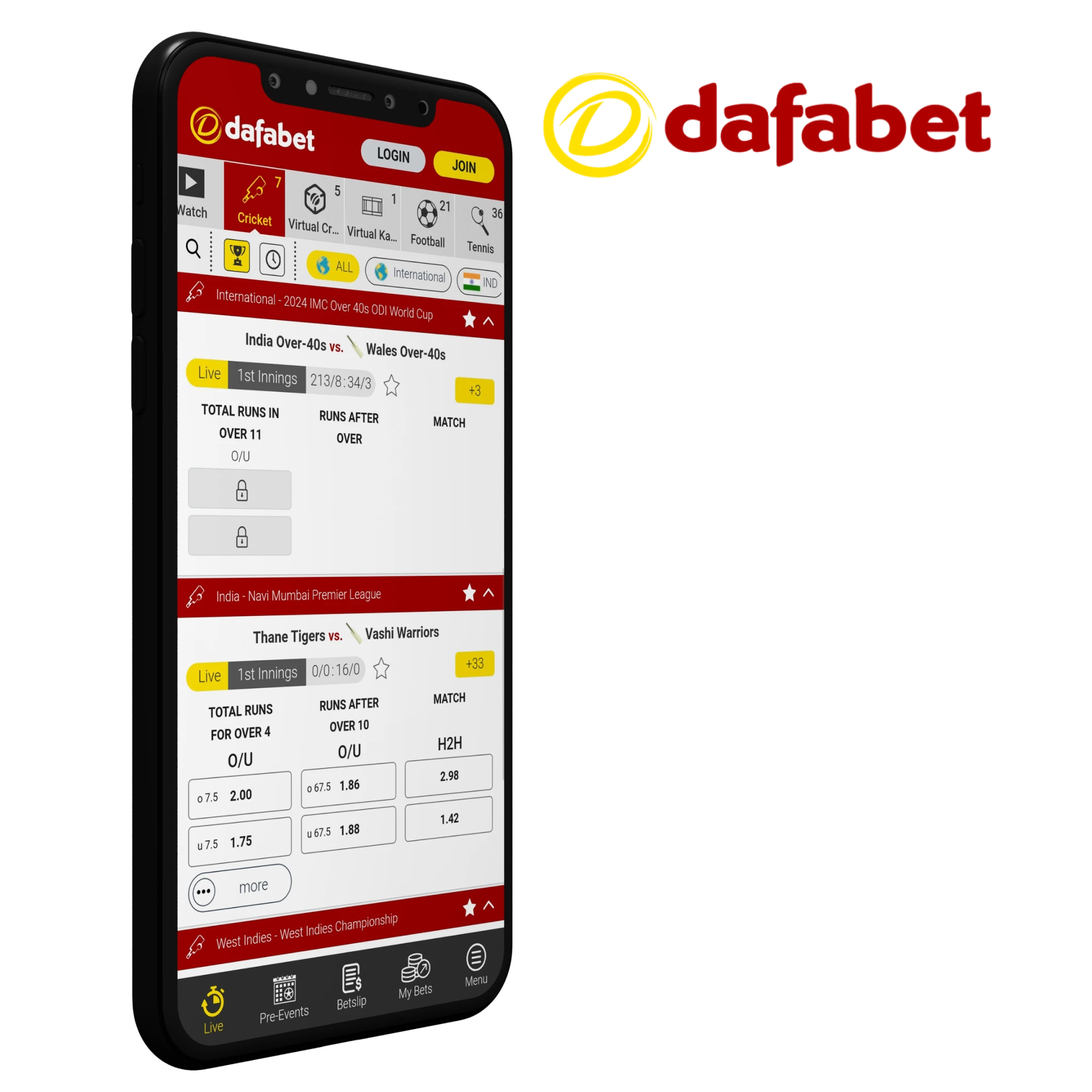 If you download and install the Dafabet mobile app, you will immediately have full access to one-click betting on any cricket event right from the main menu of your device. 