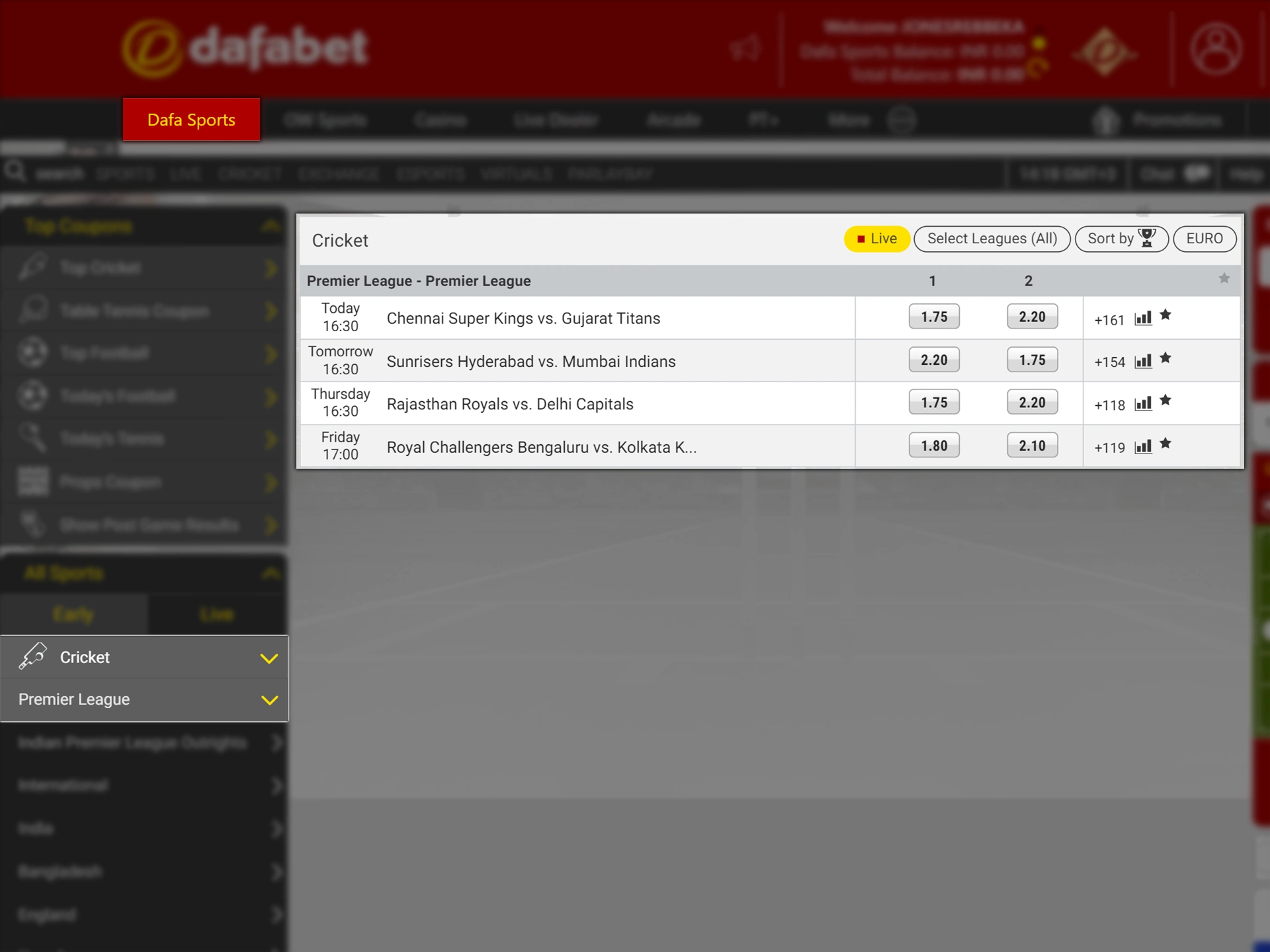 Go to the Dafabet cricket section and find IPL matches.