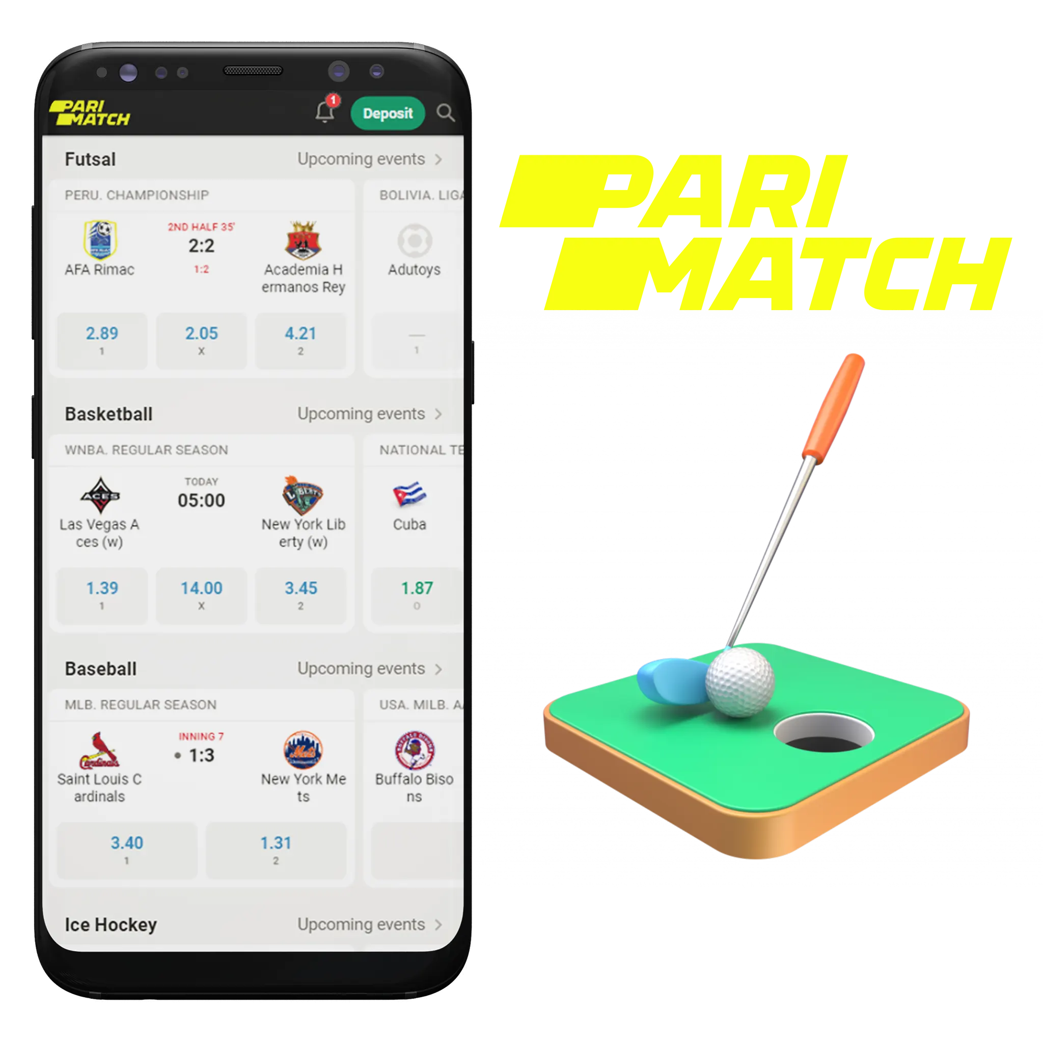 It&rsquo;s more convenient to search for golf betting odds in the Parimatch app.