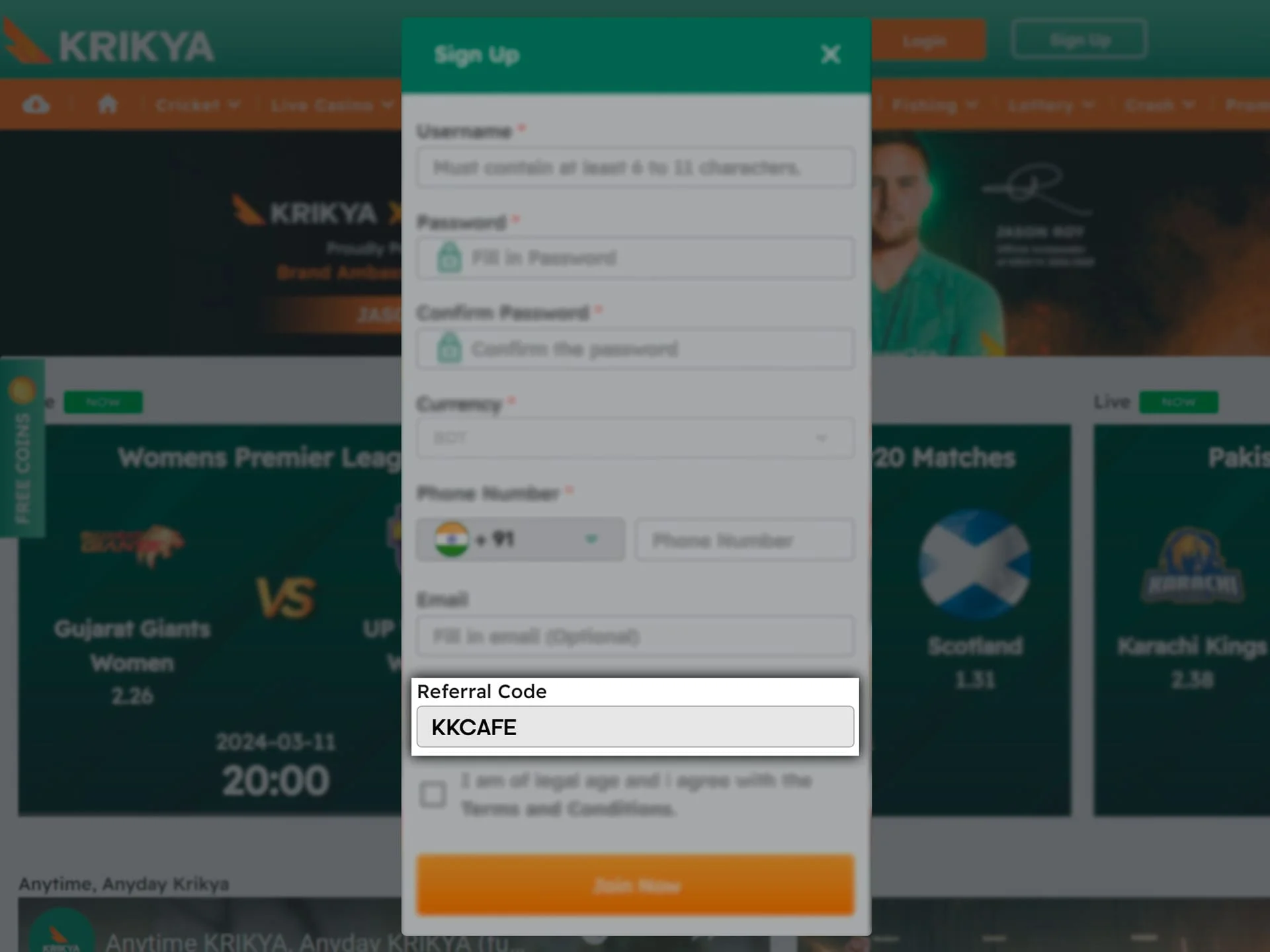 Enter the promo code to claim your Krikya welcome bonus.