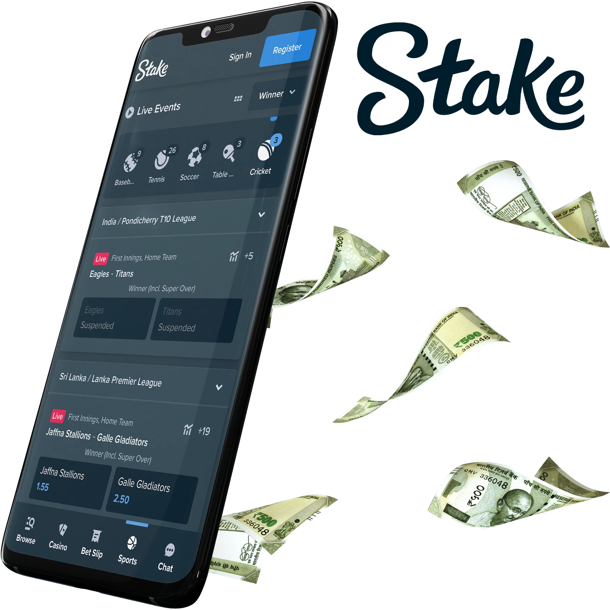 Stake App for those who are ready to bet real money on cricket and win daily due to high odds.