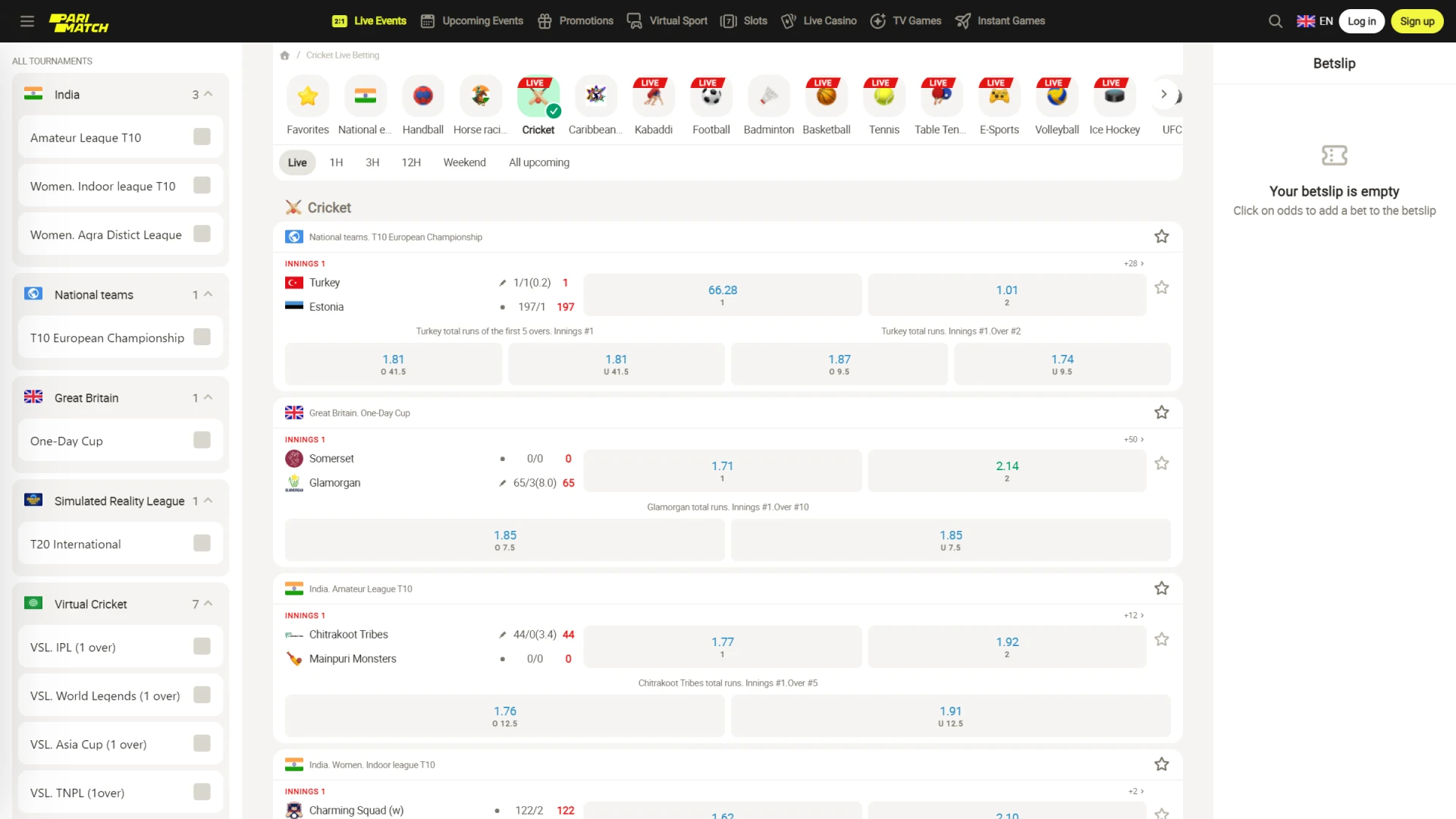 The live betting section at Parimatch lets you place bets while cricket matches are happening.