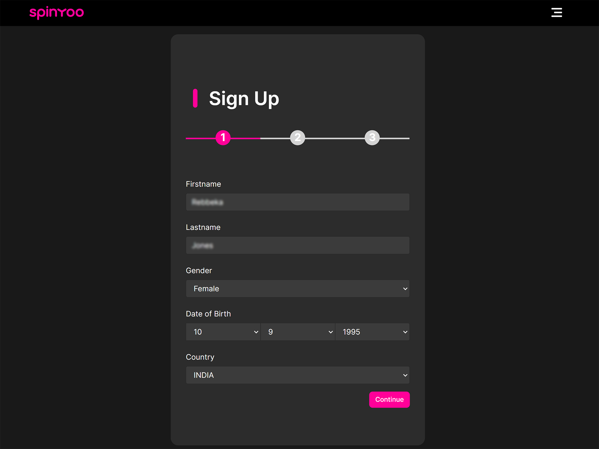 In the first step, provide your personal information in the Spinyoo form.