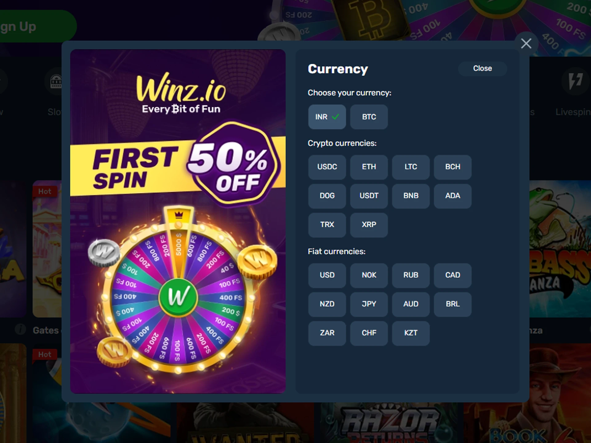 During registration on Winz.io, select your currency.