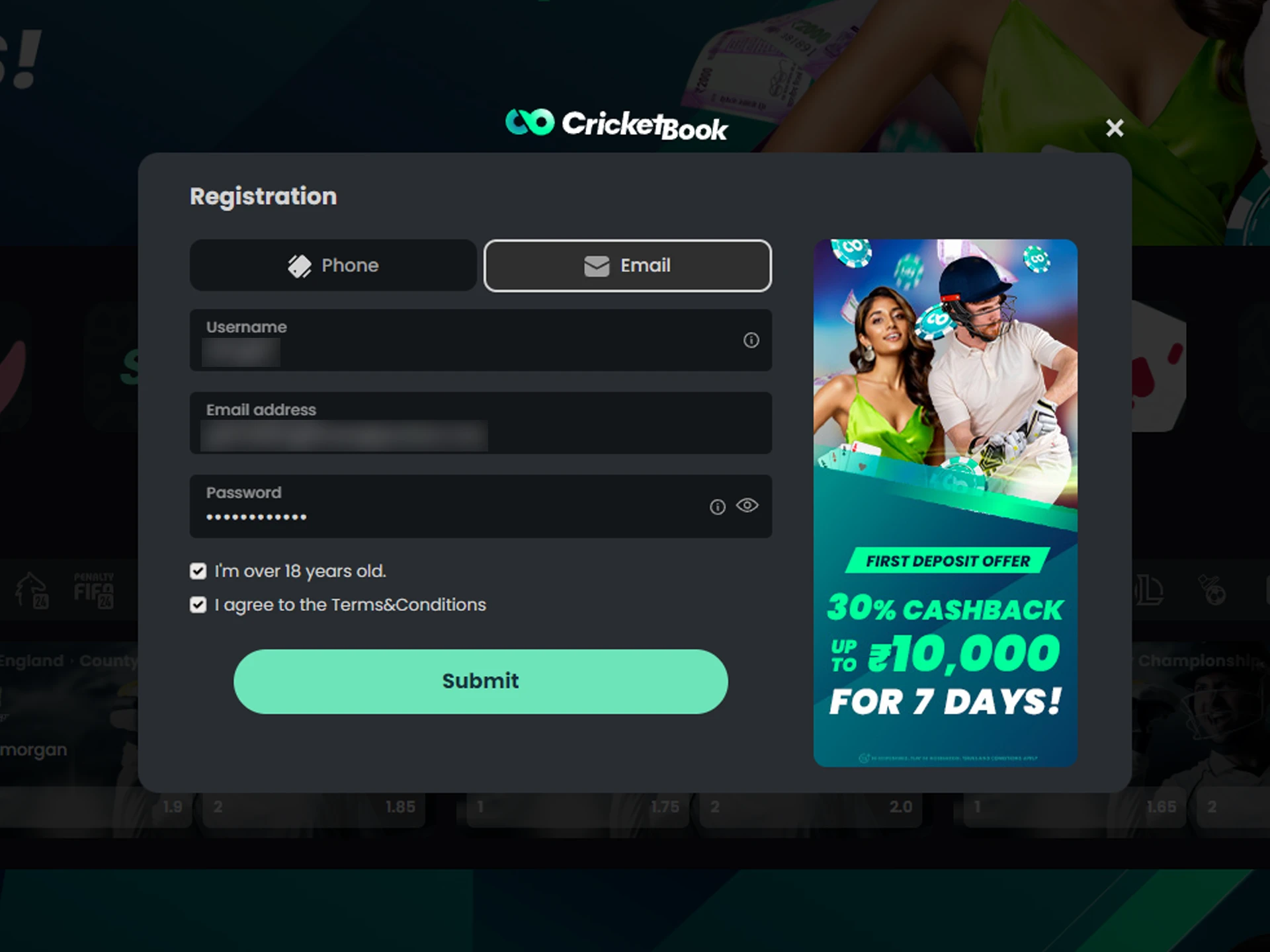 Enter your details to create a Cricketbook account.